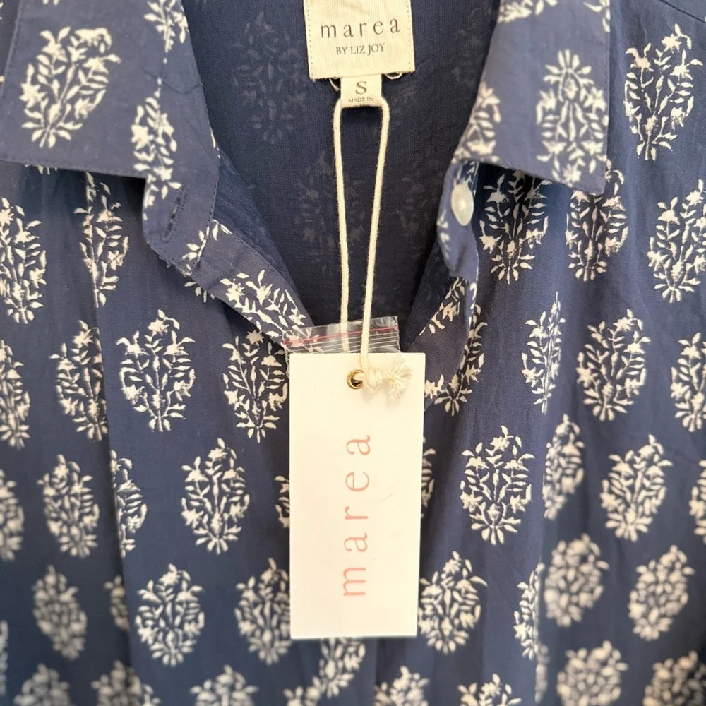 MAREA by Liz Joy short sleeve Maxi Dress in blue indigo print, size Small - Picture 2 of 11
